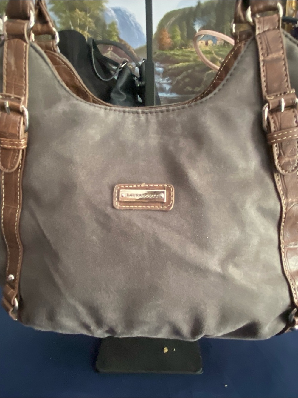 VTG ‘90’s Laura Scott Slouchy Grey Suede Shoulder Bag with Brown Mockcroc Trim - Picture 2 of 15